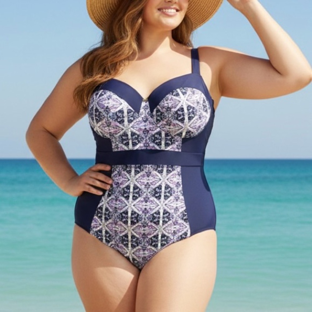 ADORE ME Lindzee Contour Plus One Piece Swimsuit Aztec Print Navy Blue White 40G
